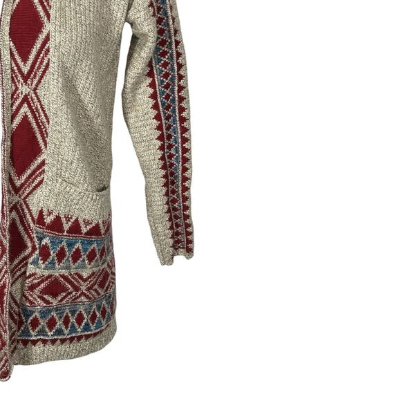 Lucky Brand Aztec Drape Wrap Cardigan Sweater Small Red Beige Tribal Pockets - Picture 6 of 13